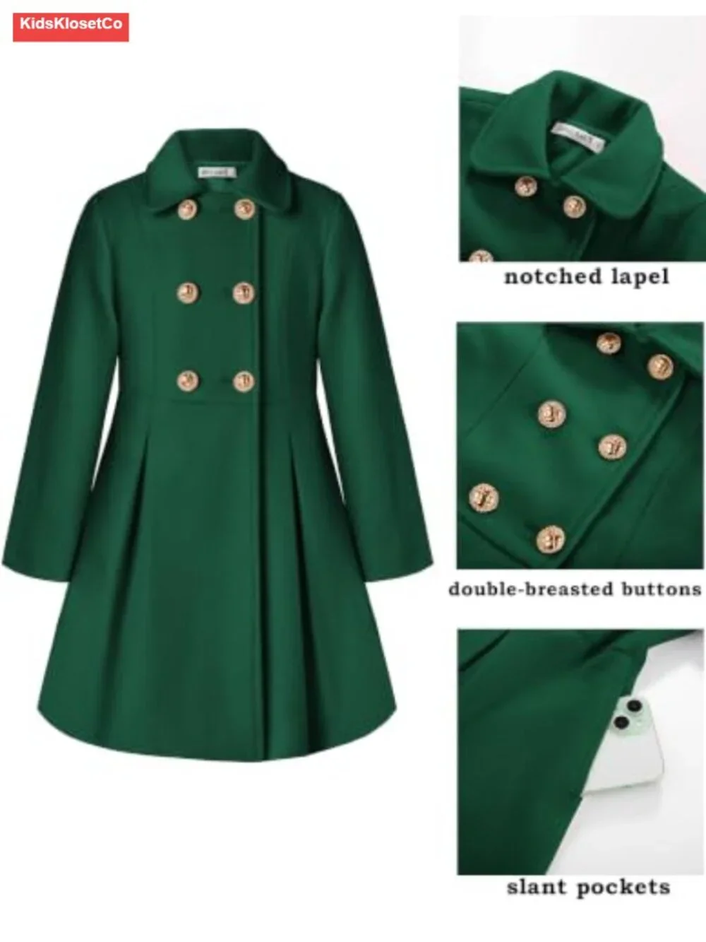 Girls Wool Peacoat Double-Breasted Coat with Notched Lapel & Pockets Sizes 6-14